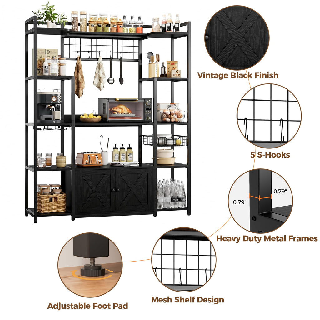 Bakers Rack with Power Outlet, Coffee Bar Cabinet, Vintage Black