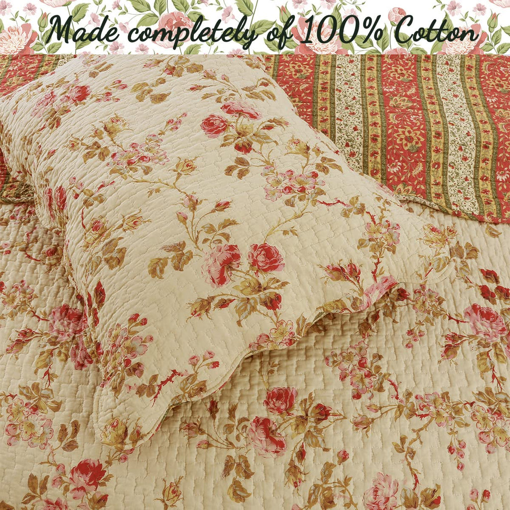 Rose Garden Vintage Floral Pink Khaki 100% Cotton Reversible Quilt Bedding Set, Coverlet Bedspread (Vintage Rose