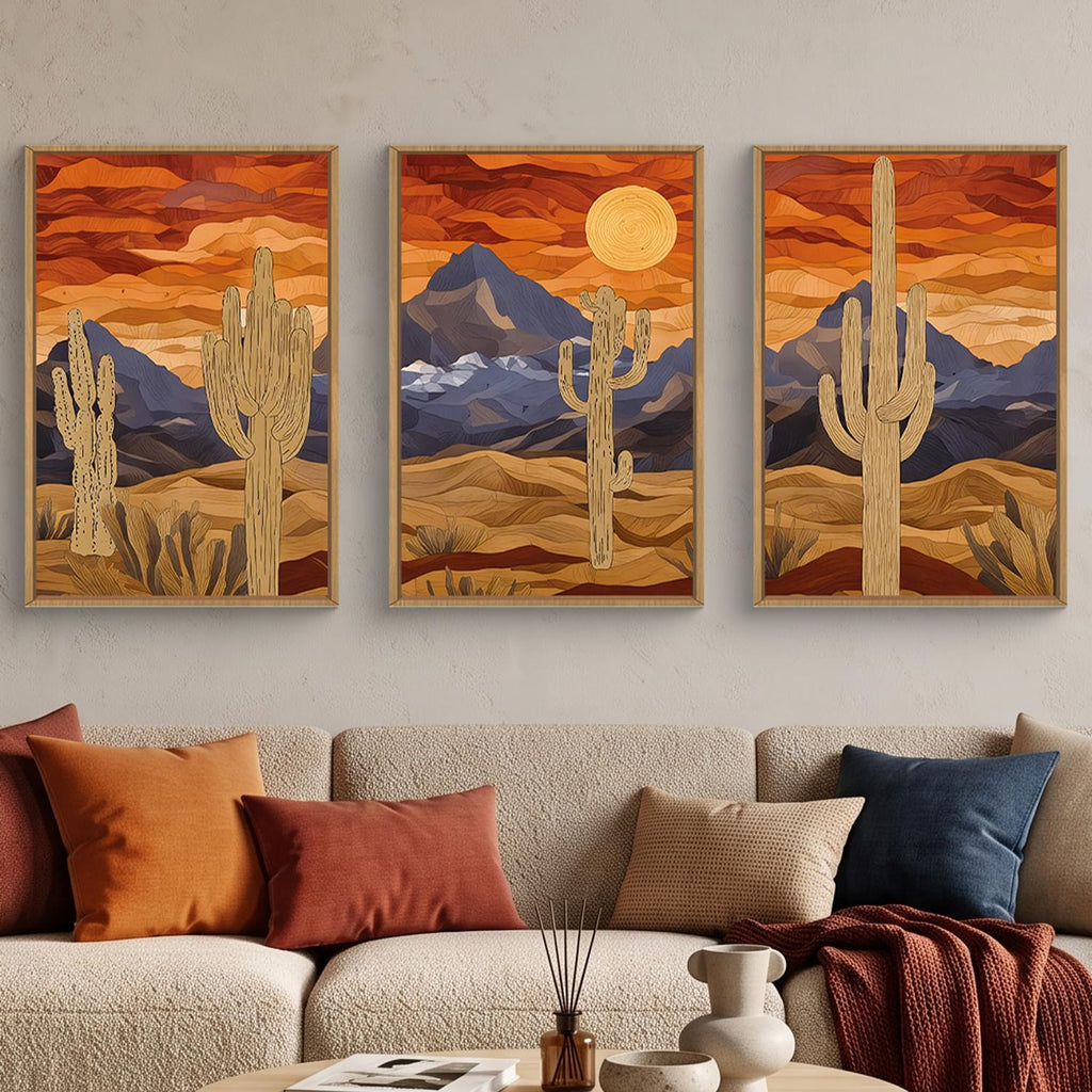 Mountains Desert Framed Canvas Wall Art Set, Abstract Sun Art Prints, Modern Cactus Paintings Artwork, Mid Century