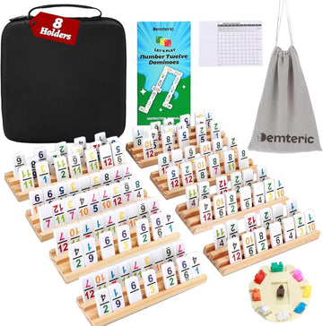 Mexican Train Dominoes Double 12, 91 Numbered Tiles, 8 Racks & Hub - Set of 101