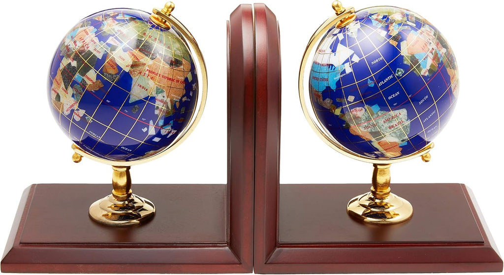Art 7-Inch Tall Pair of Blue Lapis Ocean Gemstone World Globe Bookends