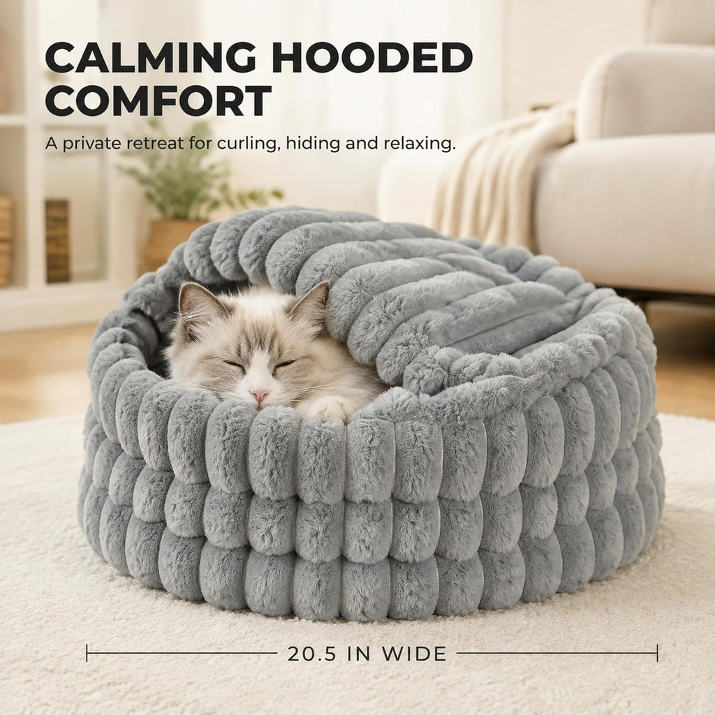 2 in 1 Cat Cave Bed-20.5 in, Washable Round Faux Rabbit Fur Calming Cat Bed