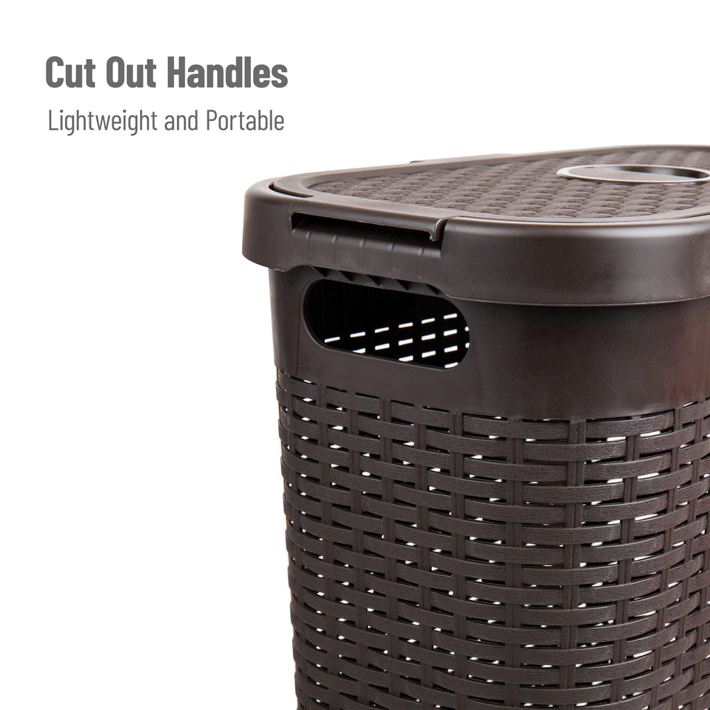 Slim Laundry Hamper with Lid, 40L Clothes Basket, Narrow Tapered Design with Ventilated Cutout Pattern, Plastic, Brown