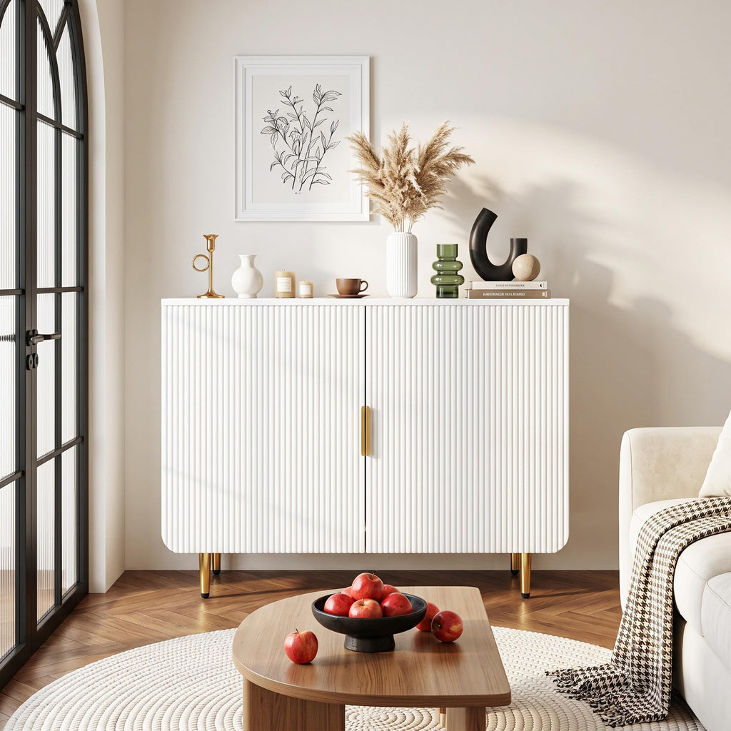 31" Fluted Buffet Cabinet, Modern Sideboard Cabinet with Storage, White