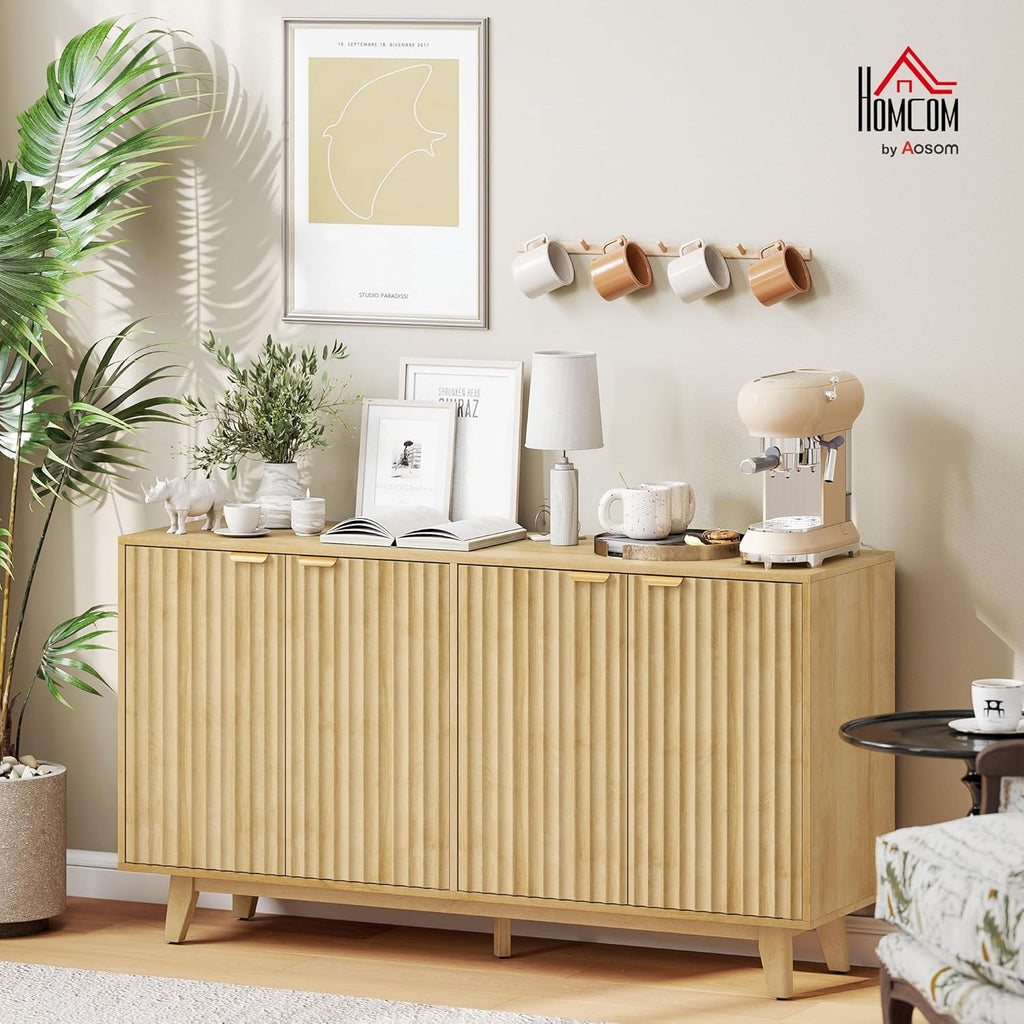 Fluted Sideboard Buffet Cabinet, 55" Modern Accent Console Cabinet with 4 Doors, 2 Adjustable Shelves and 5 Wood Legs
