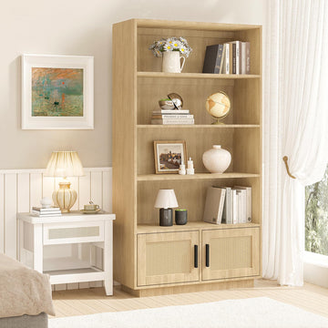 5 Tier Bookshelf, Boho Bookcase with Rattan Doors - Wood