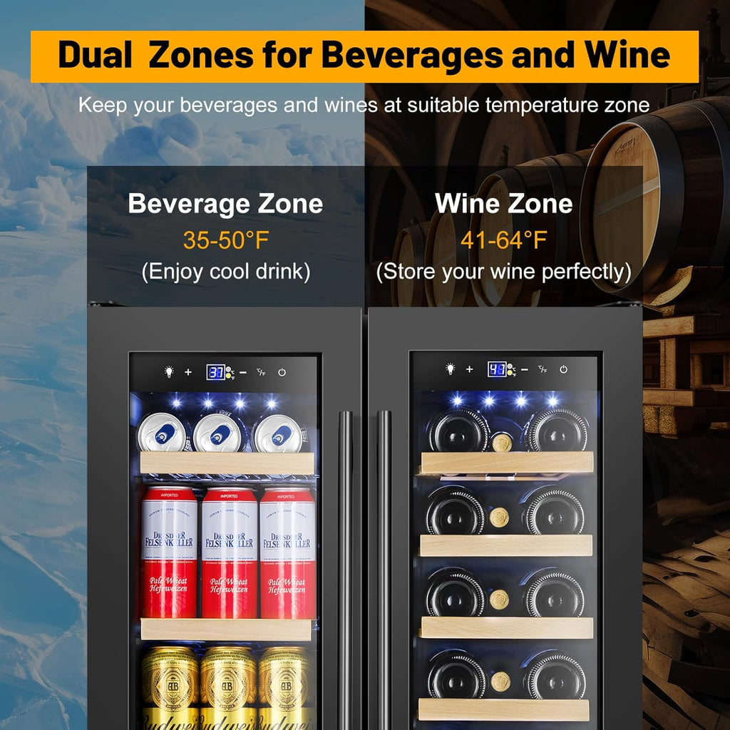 Wine and Beverage Refrigerator, 24 Inch Beverage Cooler Dual Zone with Glass Doo
