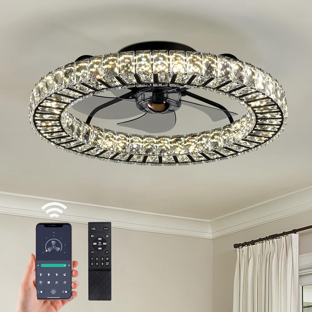 Crystal Ceiling Fan with Light and Remote, 22" Luxury Dimmable Chandelier Ceiling Fan, Modern LED Fan