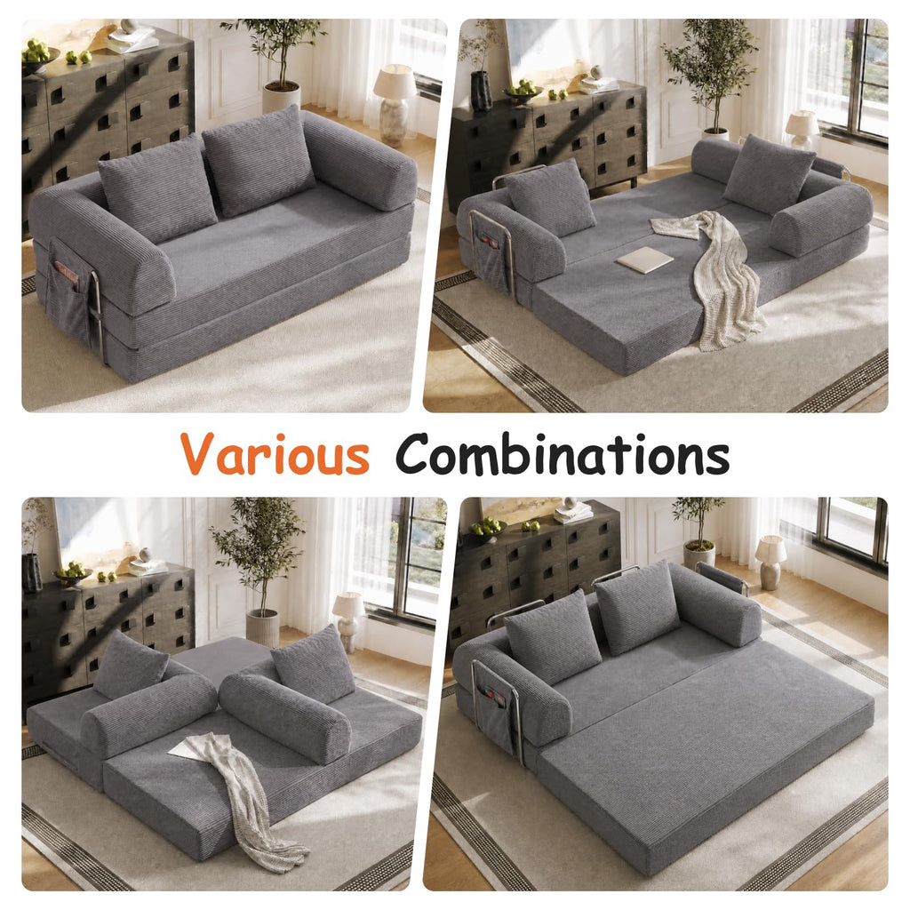 78" Convertible Sofa Bed, Corduroy Pull Out Couch with Fixed Frame & Pocket