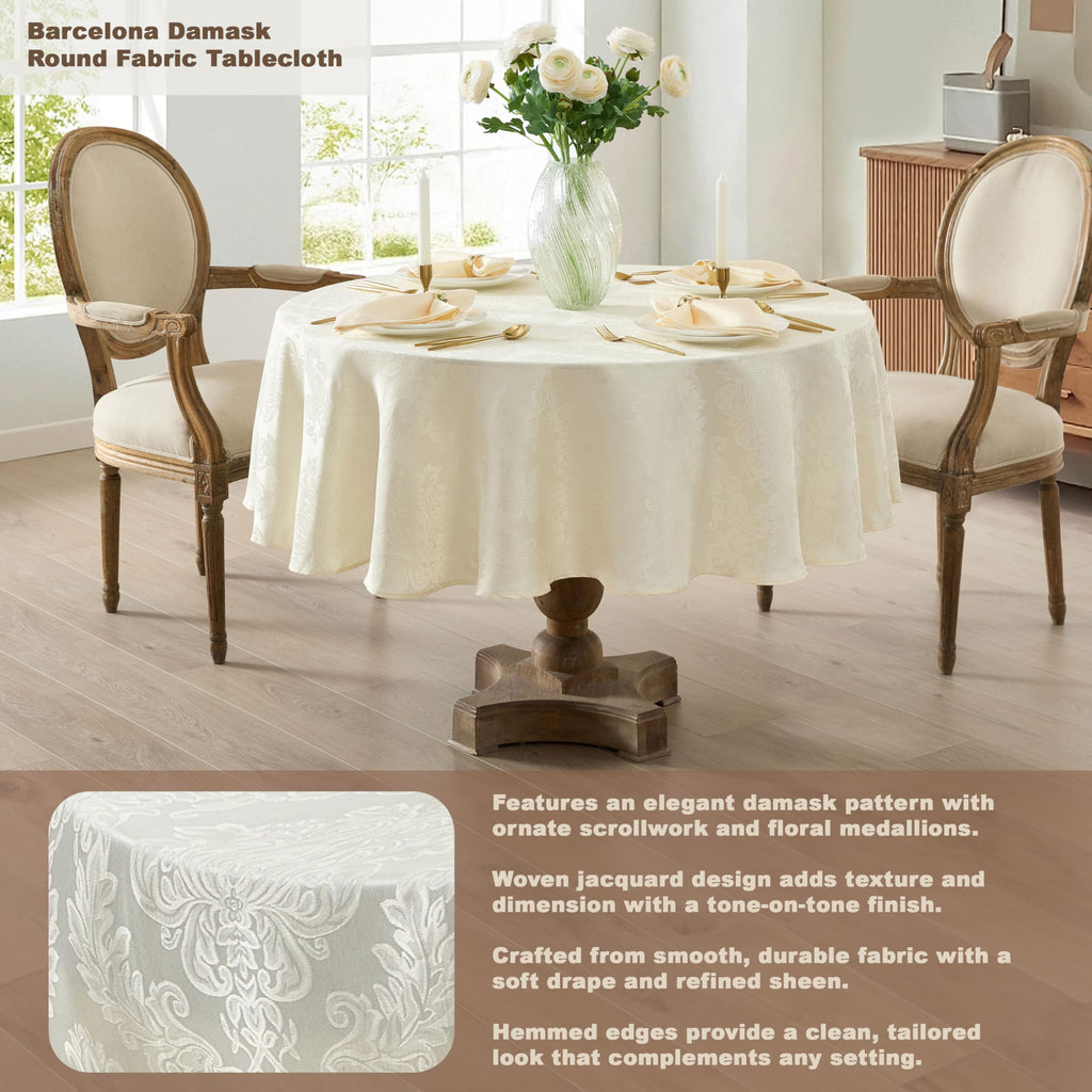 Barcelona Damask 70 Inch Round Tablecloth, Antique White