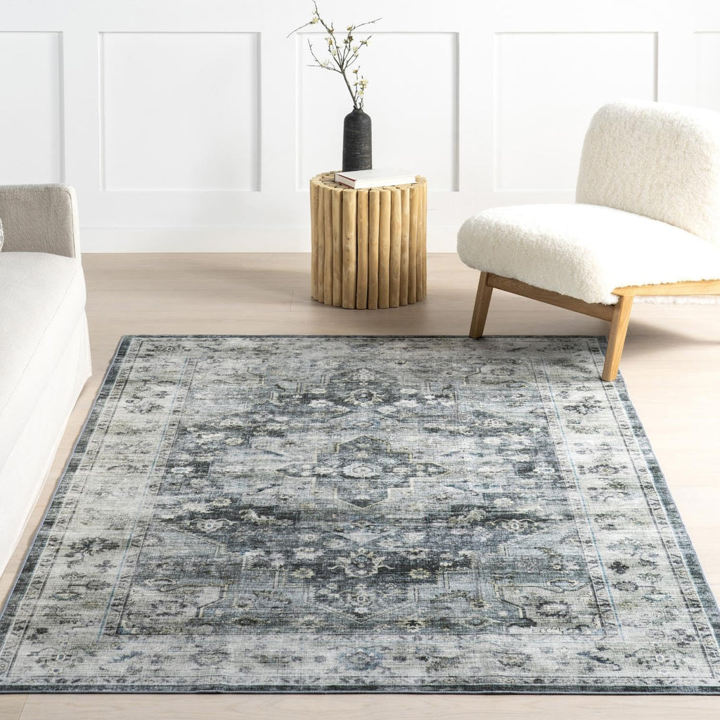 Kaiana Slate Blue Medallion Washable Area Rug