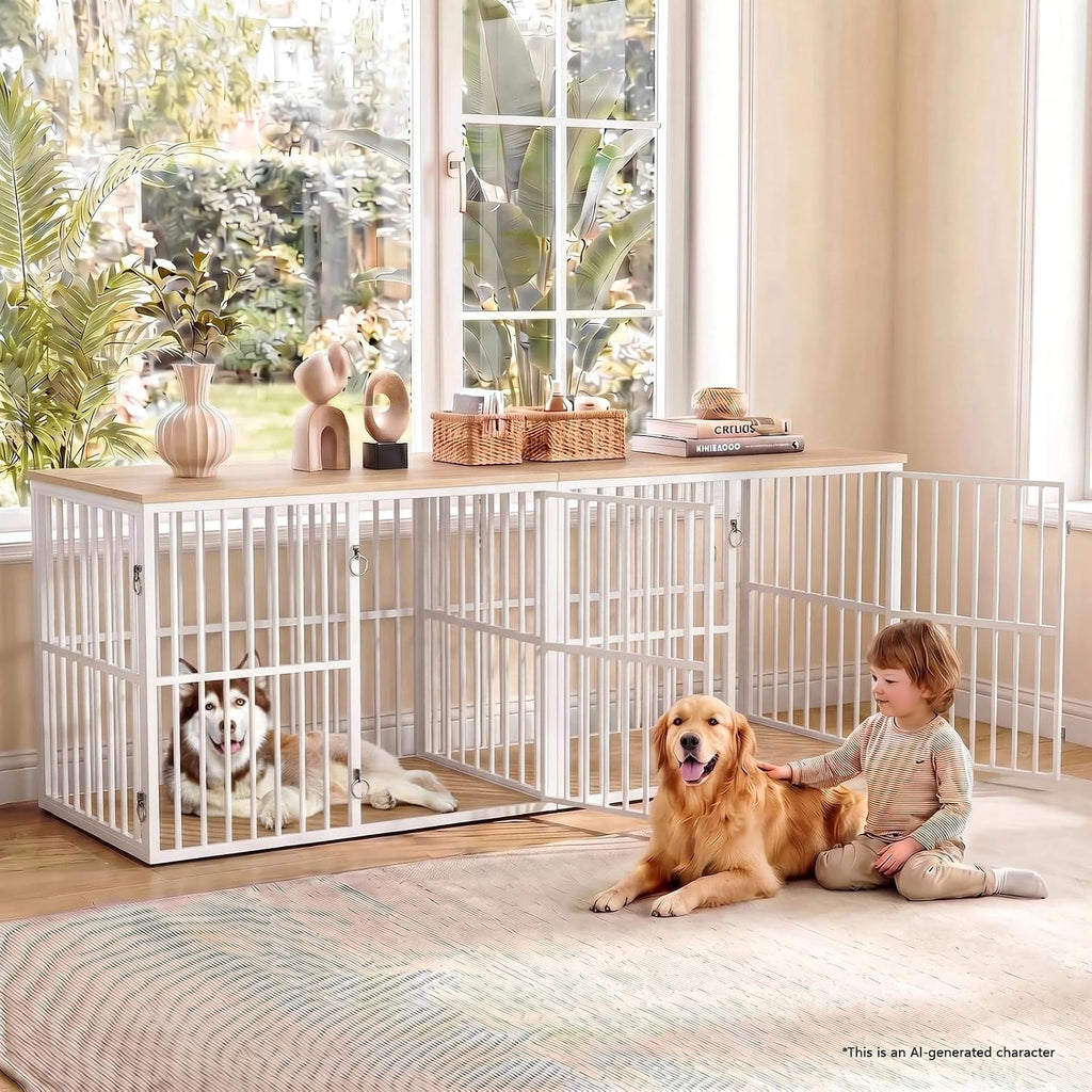 Double Dog Crate Furniture for 2 Large Dogs, White/Natural