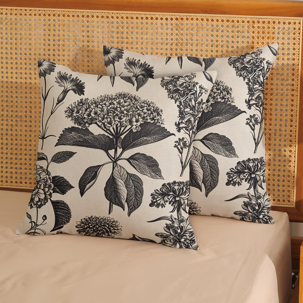 Black Pillow Covers 20x20 Set of 2 Boho Herbs Botanical Floral Hydrangea Throw Pillows Vintage Flower Outdoor