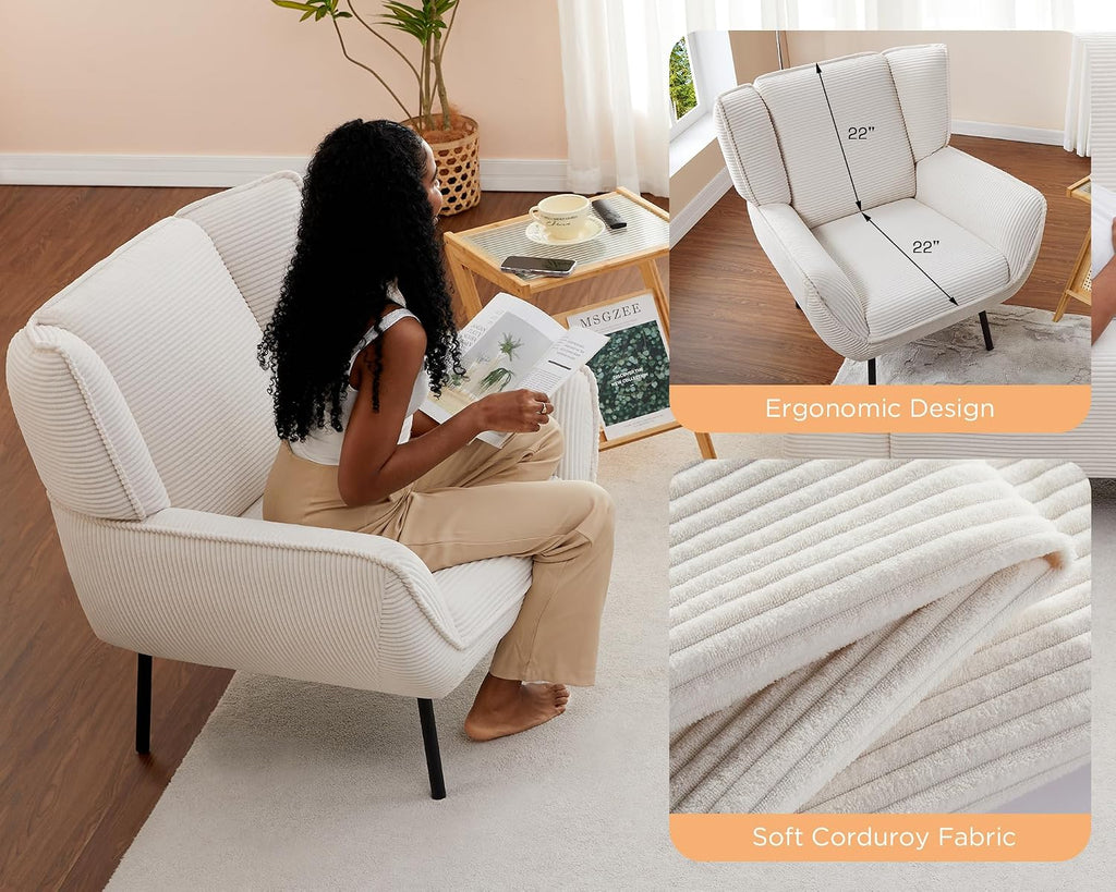 Corduroy Wingback Accent Chair, High Back Armchair with Deep Seat, White | Classic Wingback Style, 32D