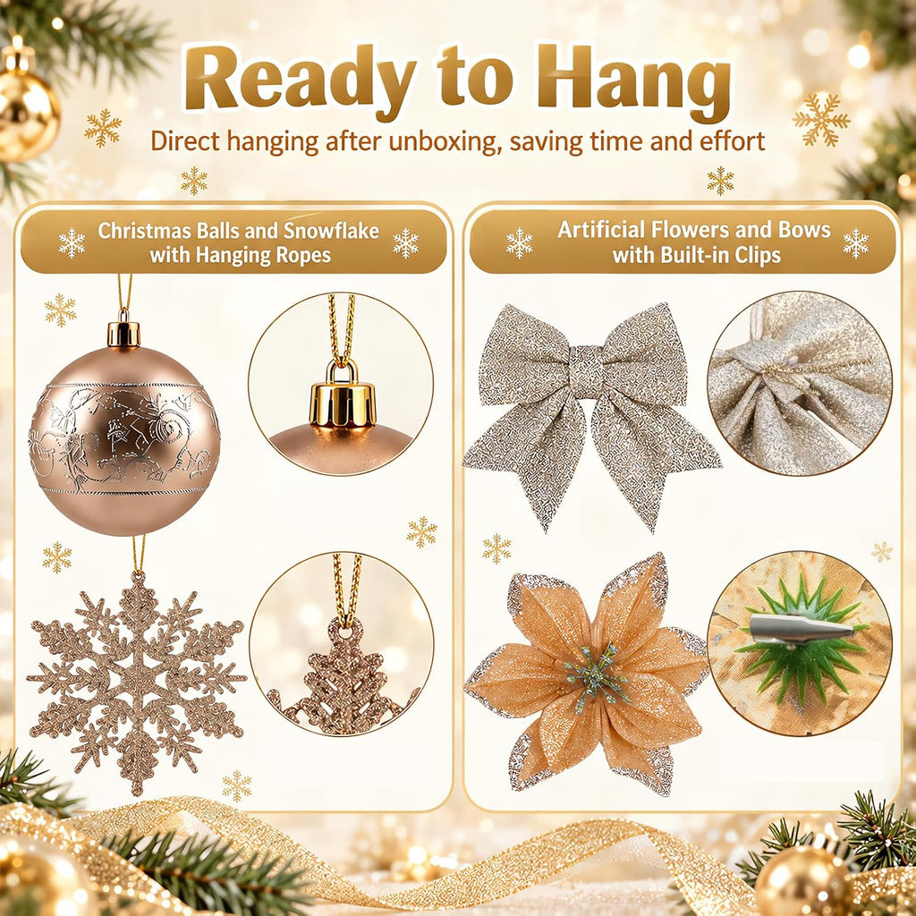 72Pcs Christmas Tree Ornaments Set, Champagne Gold Decoration