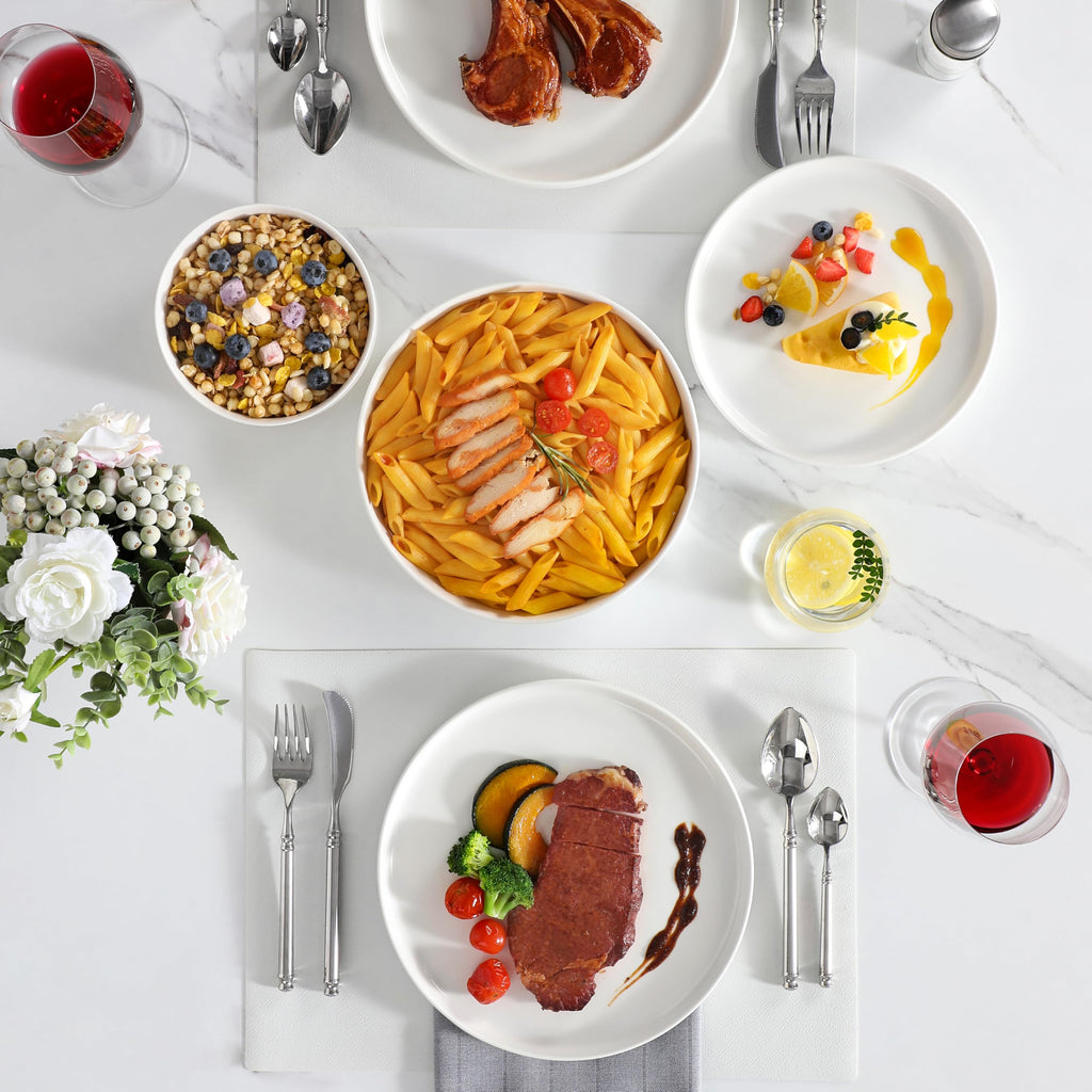 24 Pieces Porcelain Dinnerware Set, Modern White Dish Set for 6, Premium Serving Plates and Bowls Sets, Chip and