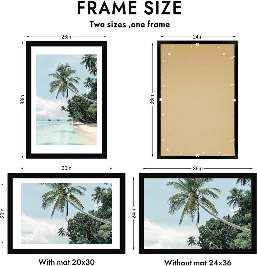 24x36 Picture Frame, Black Wood Style, Wall Mounting | Display Posters 20 x 30 with Mat or 24 x 36 without Mat, 1