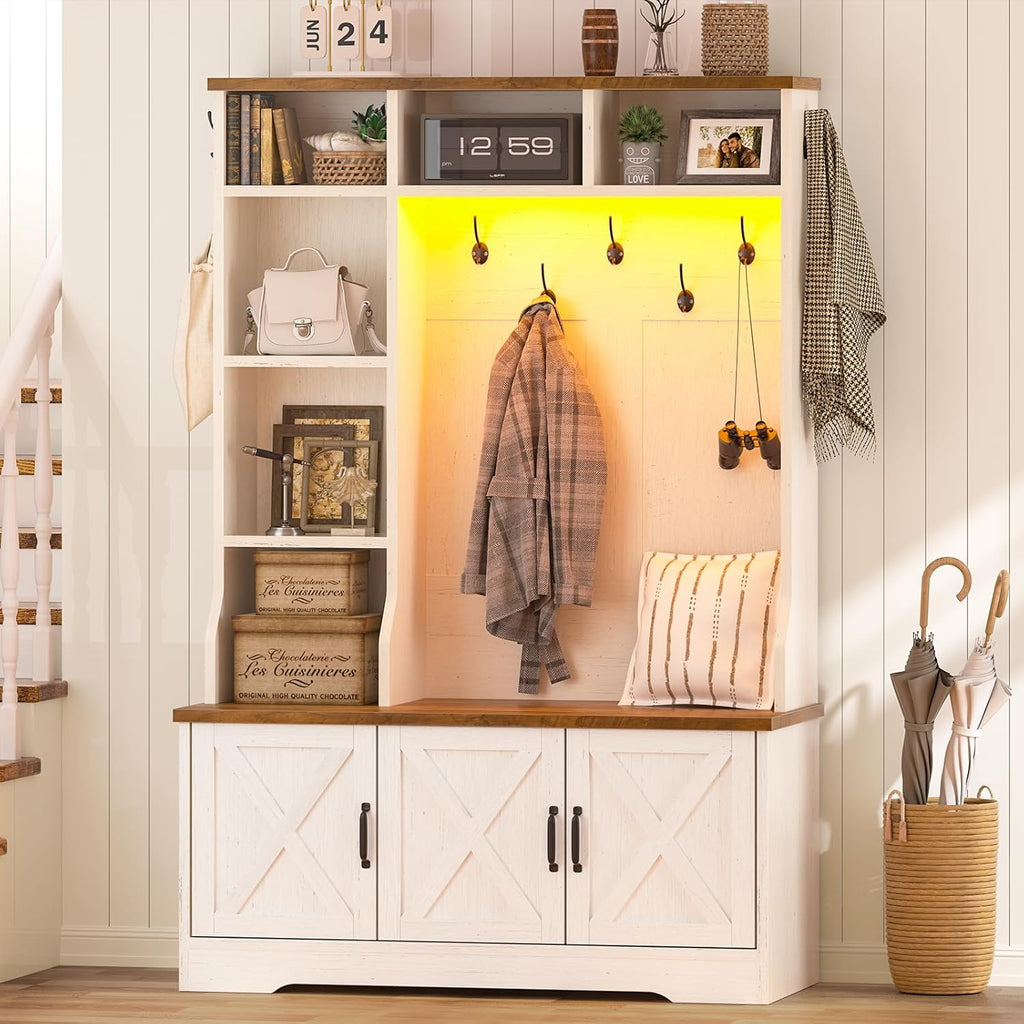 Hall Tree with Bench and Shoe Storage, Farmhouse Entryway Bench with Coat Racks and Led Lights, Tall Hall Tree with 7