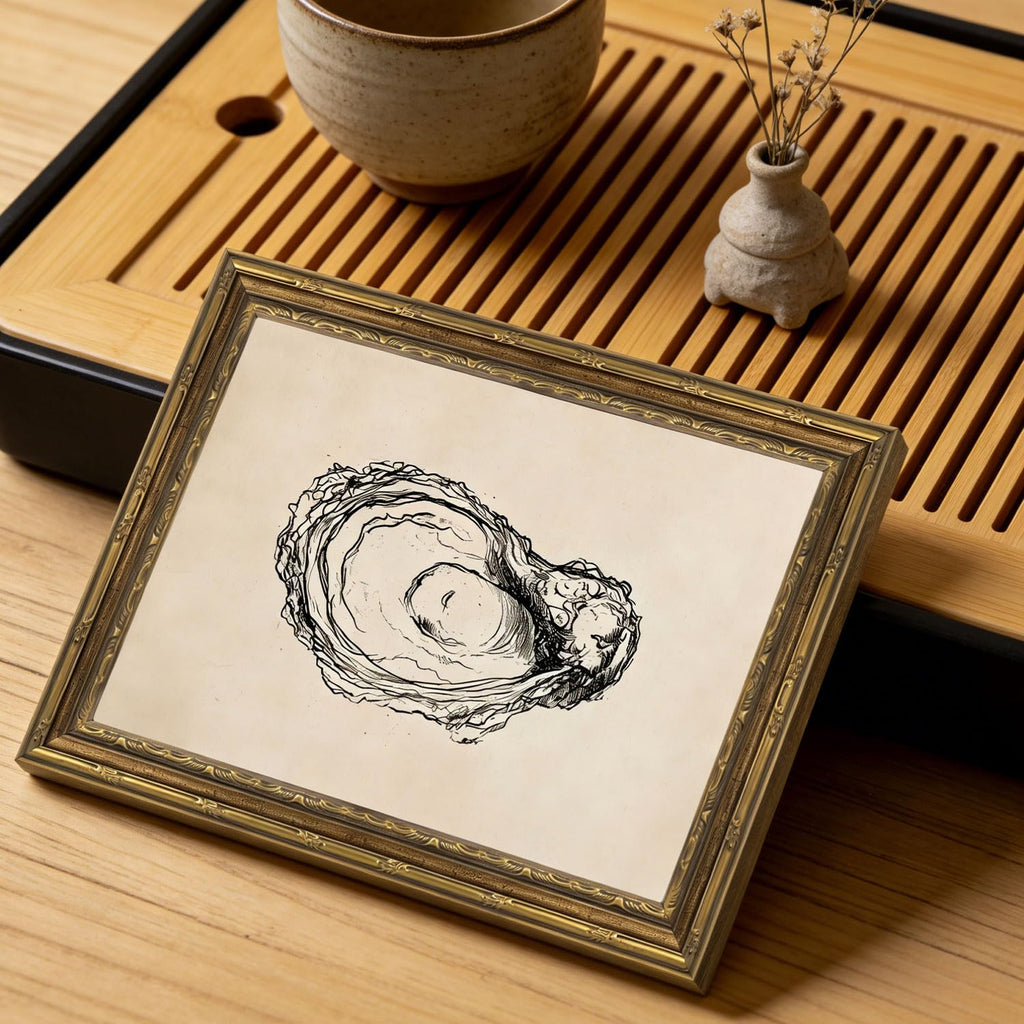 Gold Framed Wall Art Vintage Oyster Shell Sketch Wall Art Rustic Kitchen Cottagecore Seashell Wall Decor Picture