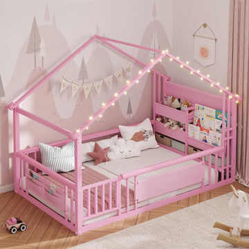 Floor Bed with Storage Bookshelf and Globe String Lights House Montessori Floor Bed for Girls with Safety