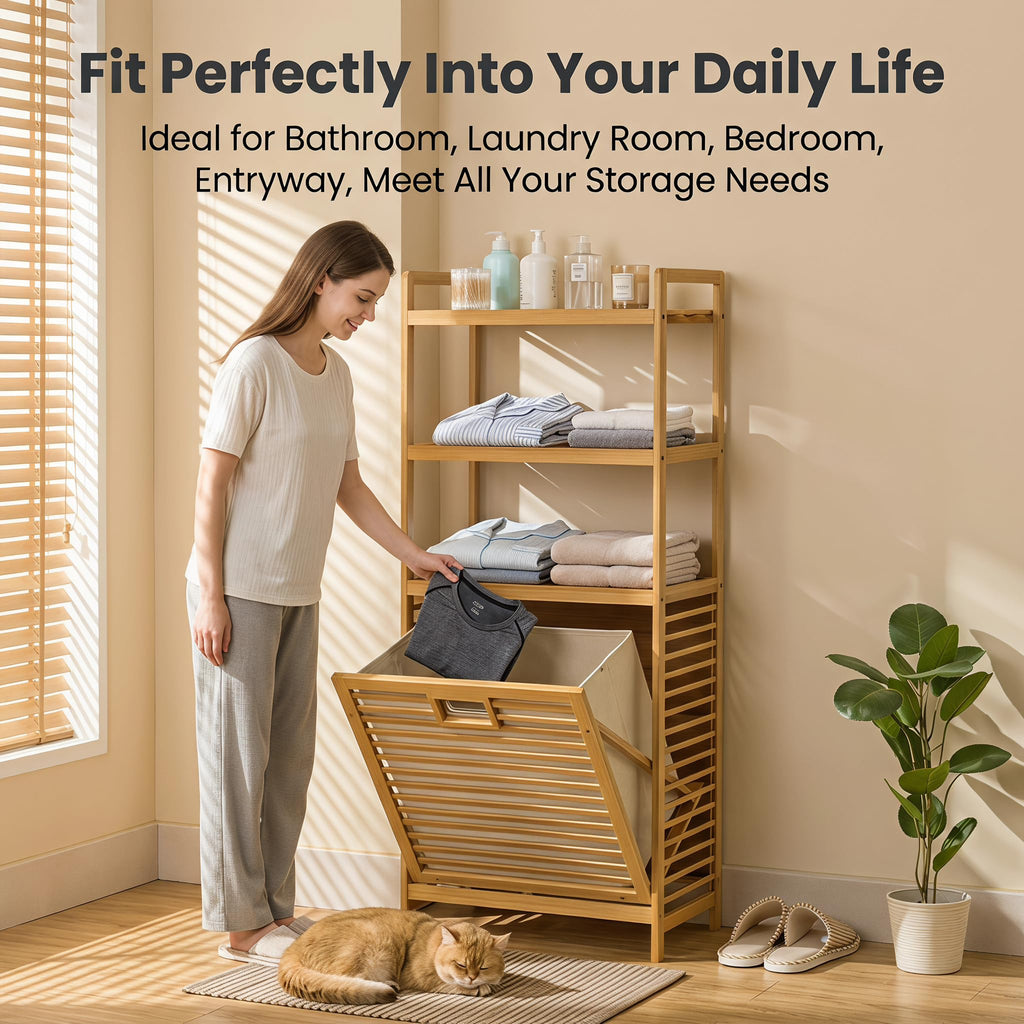 Tilt Out Laundry Hamper with 3 Tier - Bamboo Laundry Basket, Natural