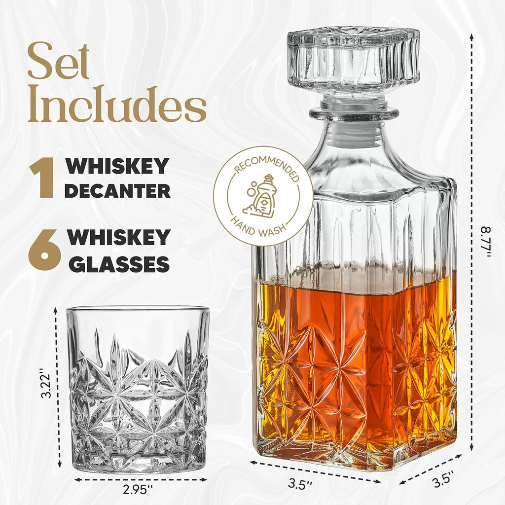 Whiskey Decanter Set with Glasses - Prestigious Whiskey Set with 25oz Liquor Decanter and 6 Glasses - Upscale Whisky - Set of 7