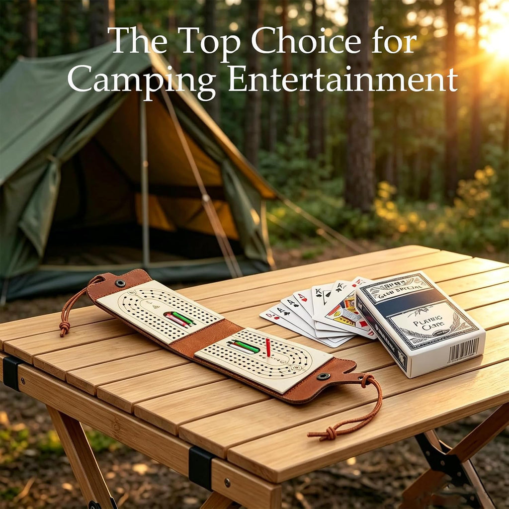 Travel Cribbage Board Game Set, with 6 Pags and 1 Playing Cards,Leather-Wood 3-Track Cribbage Board with Cards & Pegs