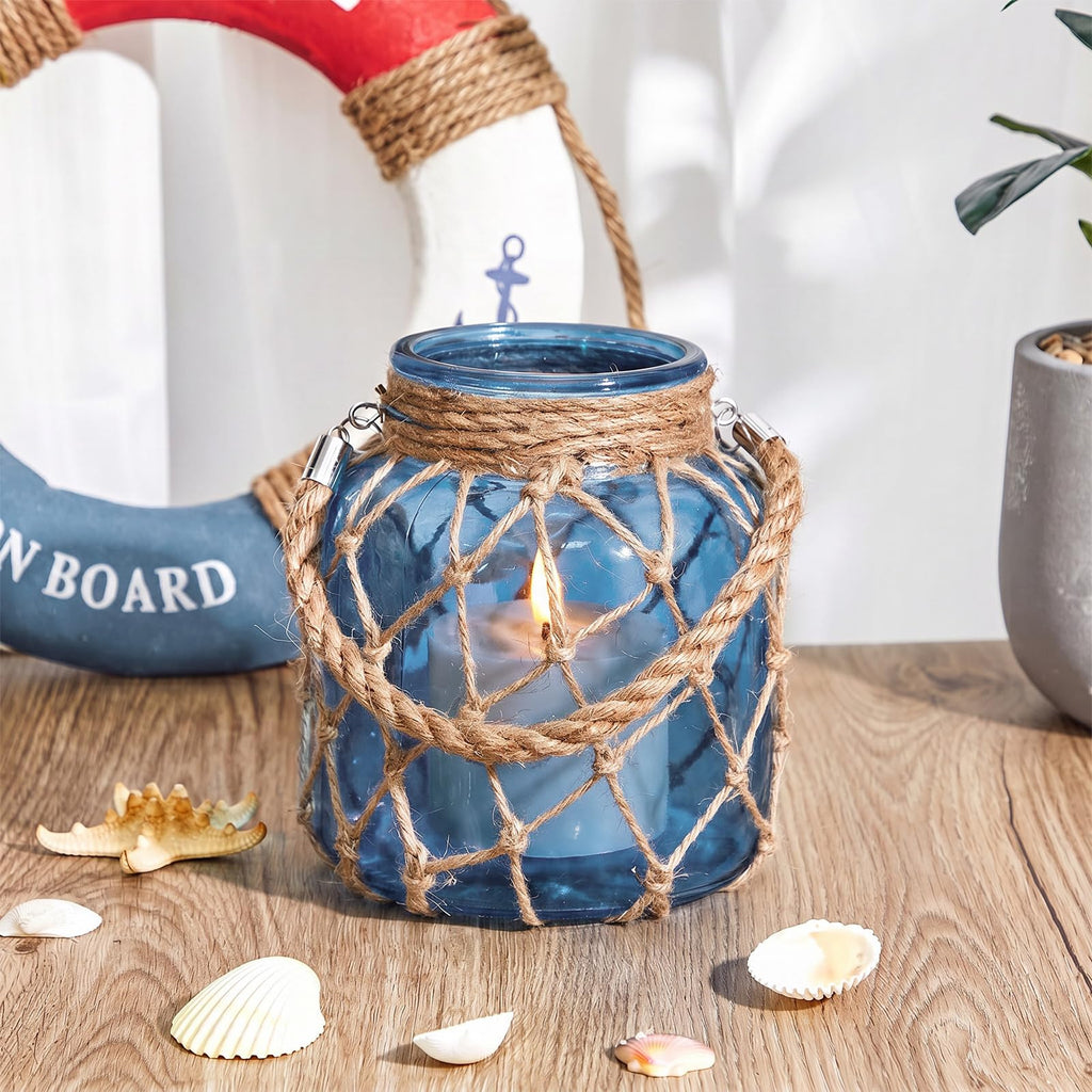 2 Set Nautical Lanterns Rope Handle, Coastal Glass Jar, Navy Blue