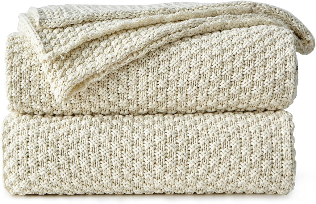 100% Cotton Knitted Throw Blanket - Cream, Soft & Cozy, Machine Washable, 60"x80"