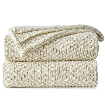 100% Cotton Knitted Throw Blanket - Cream, Soft & Cozy, Machine Washable, 51"x63" - Perfect, Couch, Sofa, Bed or