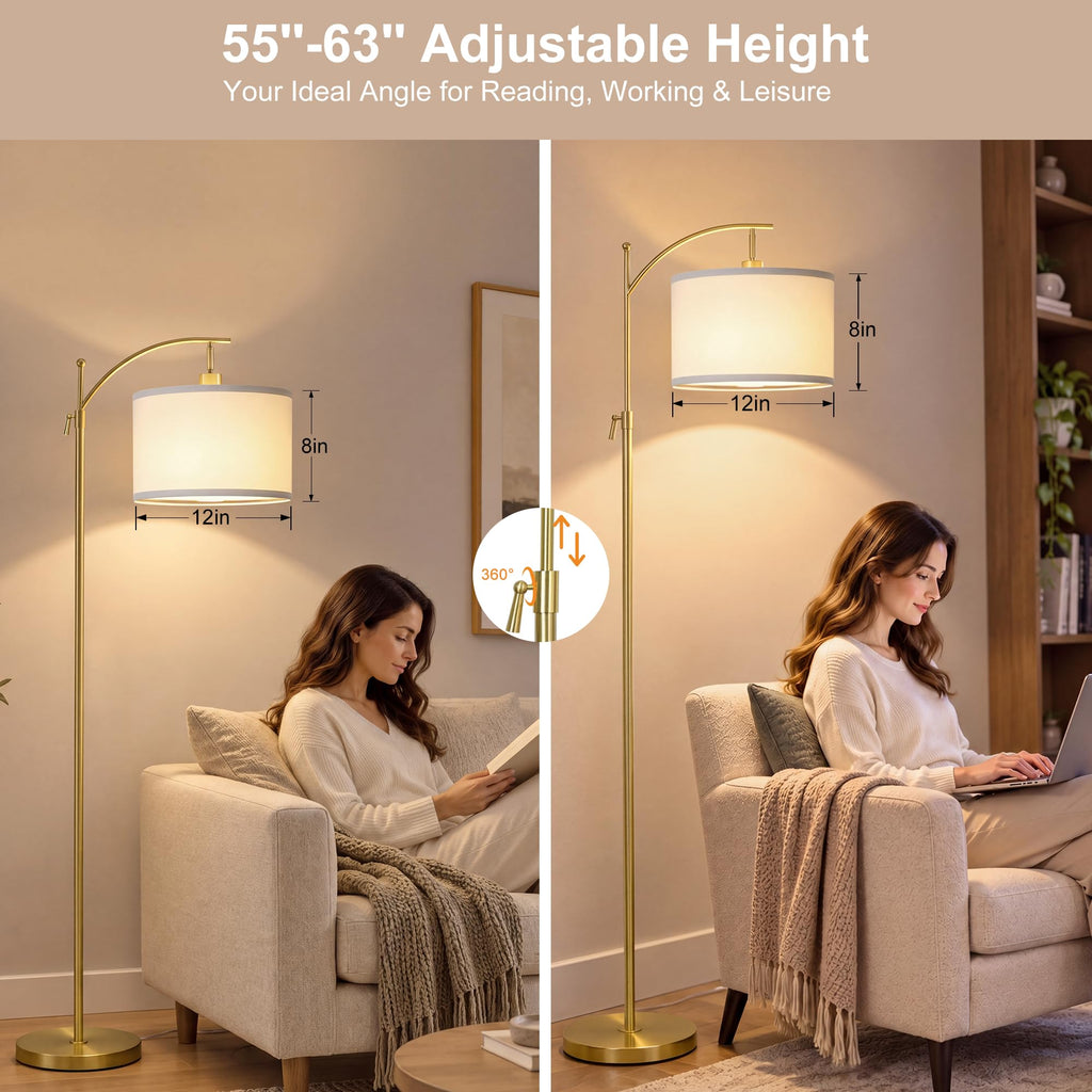 Upgraded Gold Arc Floor Lamp Adjustable Height 55-63in, 3 Color 9W LED Bulb