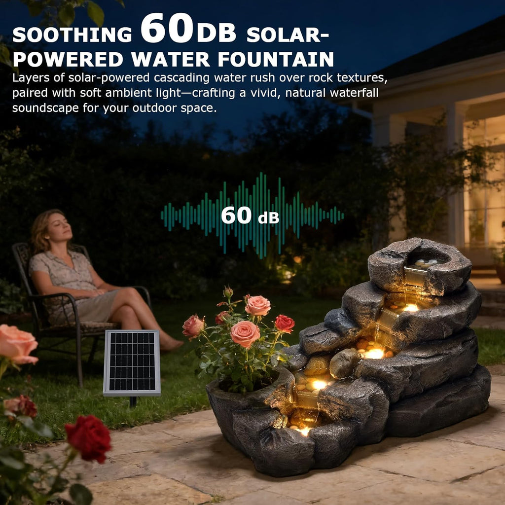 38.2" L Solar Water Fountain Outdoor,5-Tier Rock Waterfall Fountains Solar Powered Floor Standing Outdoor Water