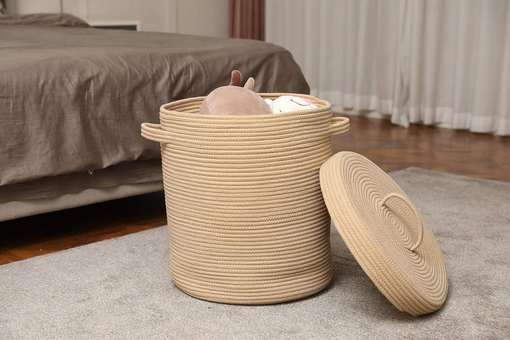 16x18 Inch Extra Large Round Cotton Rope Storage Basket with Lid, Decorative Woven Bin with Cover Bedroom Closet