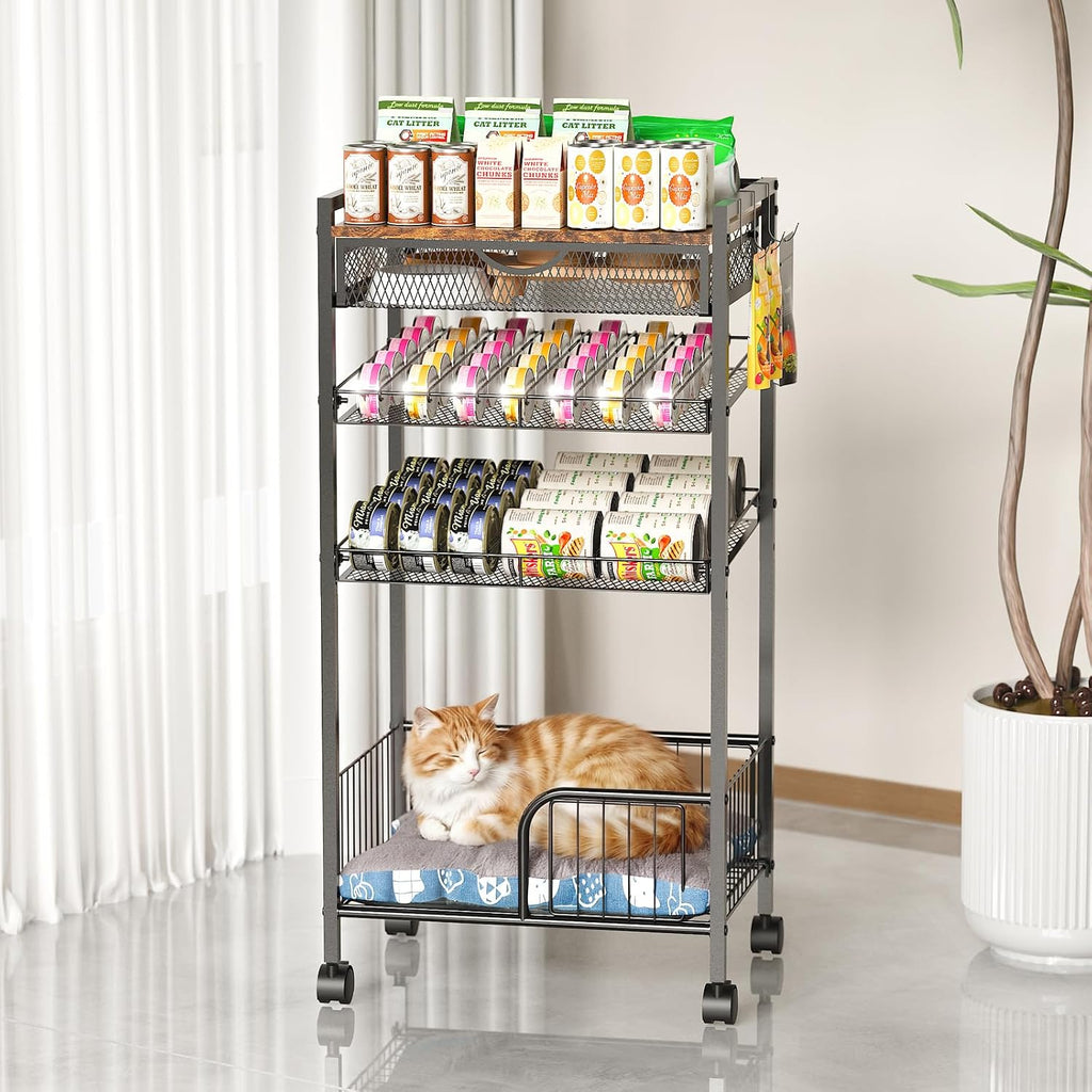 Cat Food Organizer, One-Stop Canned Food and Cat Bed Storage Mobile Rack
