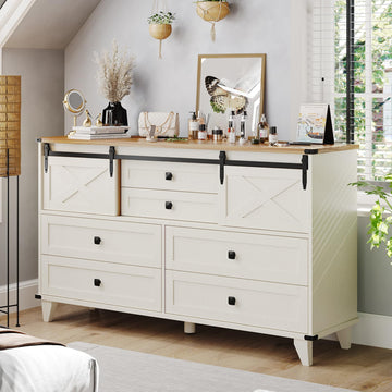 Farmhouse 6 Drawer Dresser, Retro Chest of Drawers with Sliding Barn Door, Bedroom Long Storage Dressers Organizer