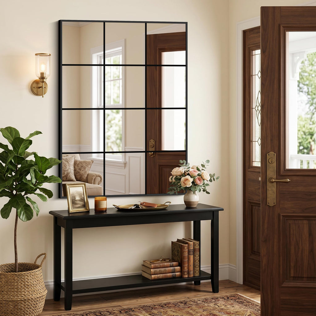 Window Pane Mirror, 48x35 Inch Black Rectangular Wall Mirror