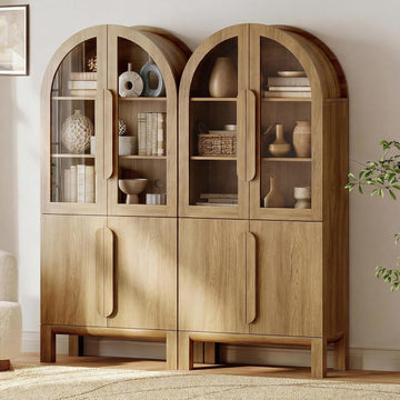 71" Tall Arched Bookshelf, 5 Tiers Bookcase with Glass Doors and Adjustable Shelves, Modern Arched Display Cabinets