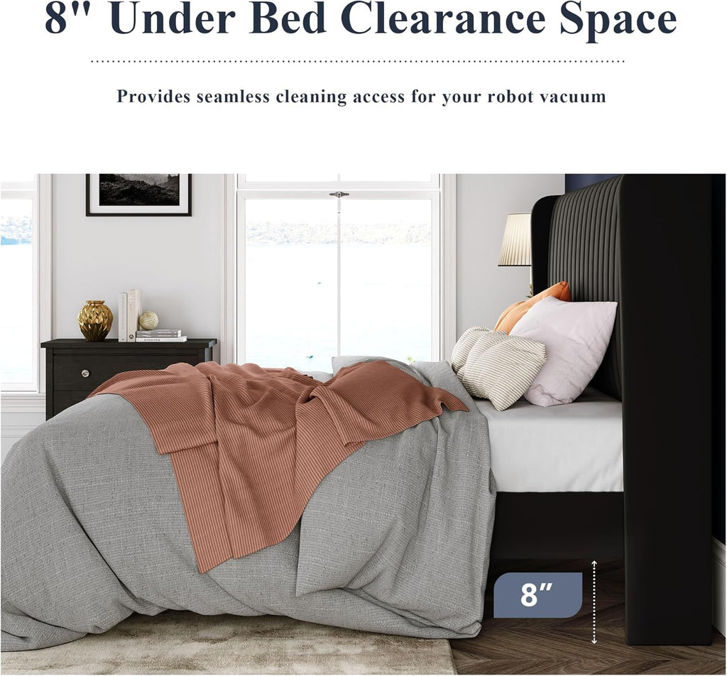Full Velvet Bed Frame/Vertical Channel Tufted Wingback Headboard/Upholstered Platform Bed/Strong Wooden Slats/No Box
