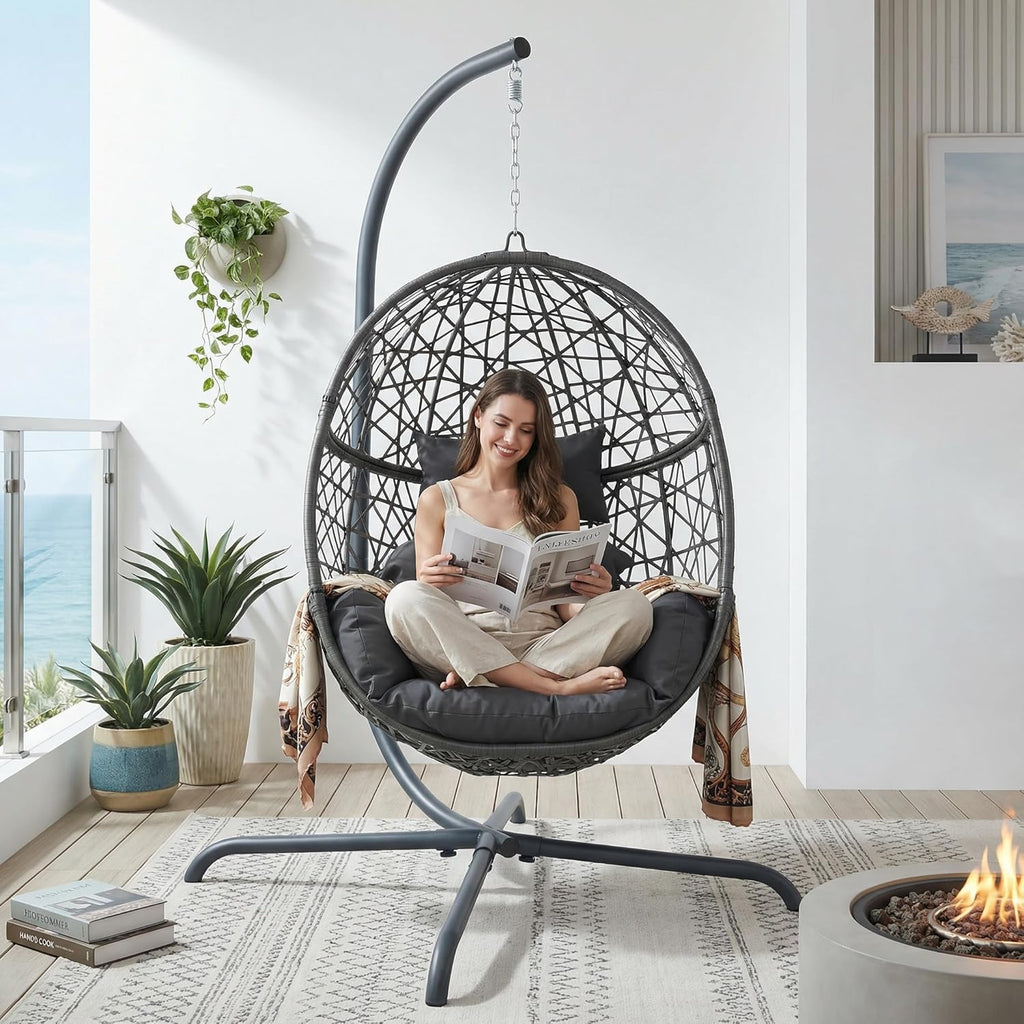 With Stand, Bird Cage Patio Hanging Chair with Cushion, Large Swinging Chairs Indoor Outdoor, All-Weather 350lbs