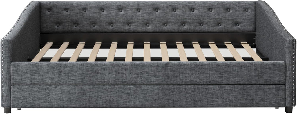 Full Size Upholstered Daybed with Trundle | Twin Size Trundle,Button-Tufted Back, Piping on Waved-Shape Arms, Solid