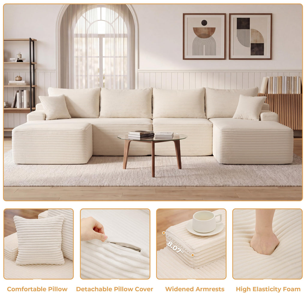 118" Cloud Sectional Boneless Couch, U-Shaped Modular Couch, Beige