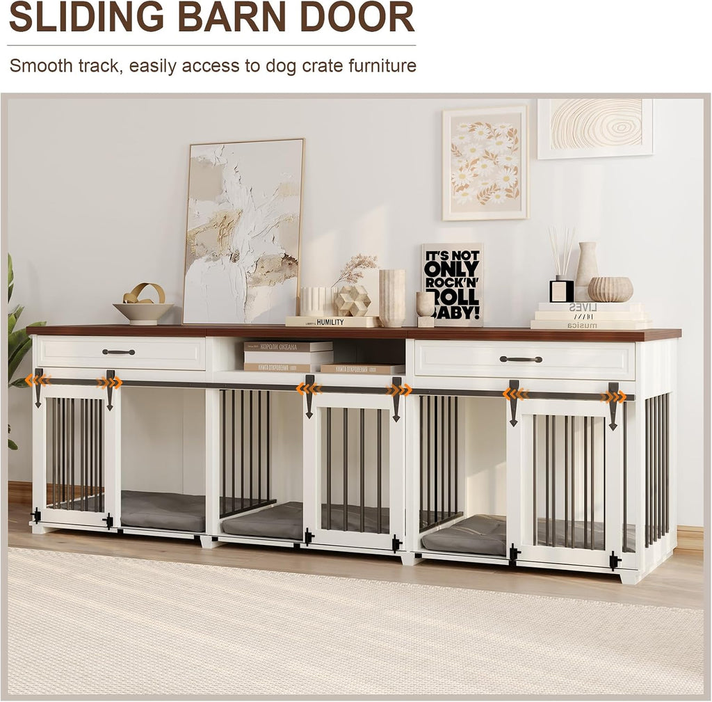 Dog Crate Furniture - Indoor Wooden Farmhouse Large Dog Kennel Fureniture for 3 Dogs, with Sliding Barn Doors, 2