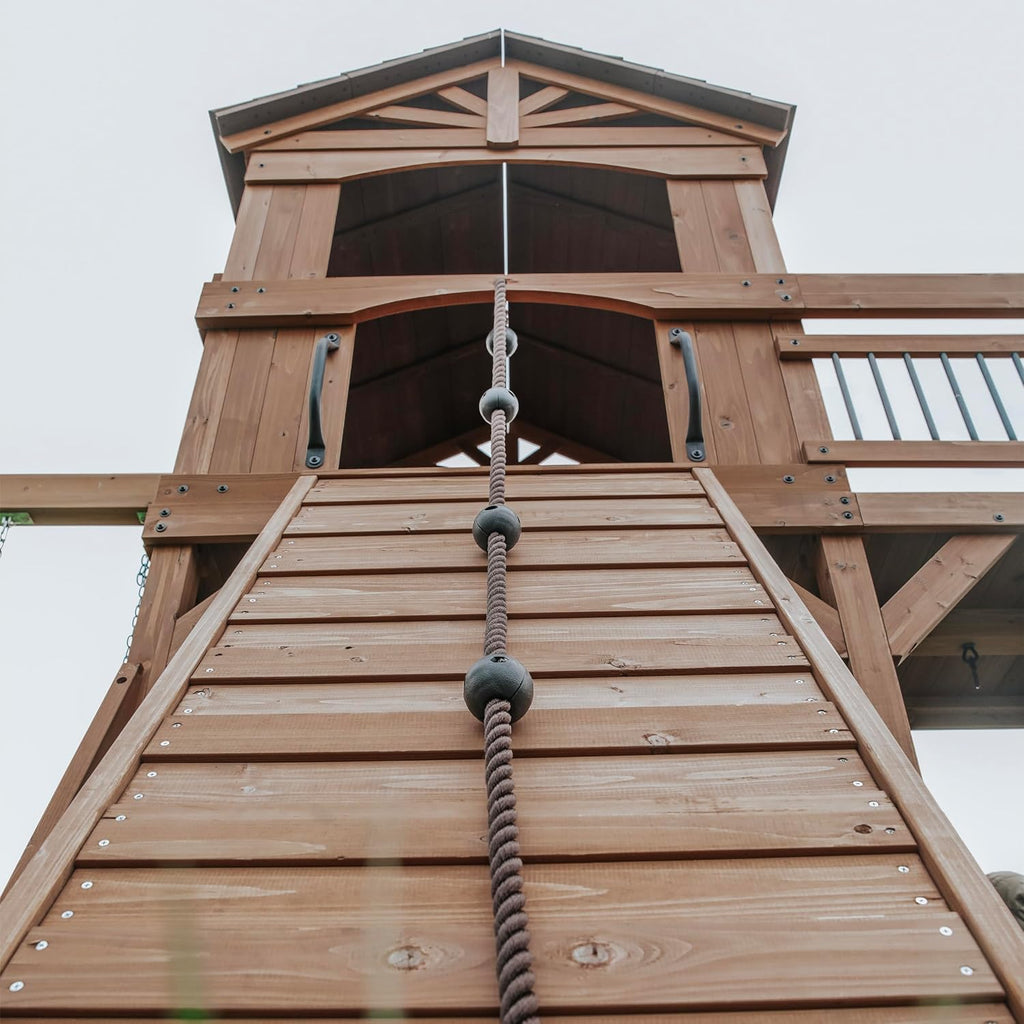 Sterling Point Cedar Wood Swing Set with Wave Slide, Raised Clubhouse, Wooden Bridge, Rock Wall, Belt Swings, Web