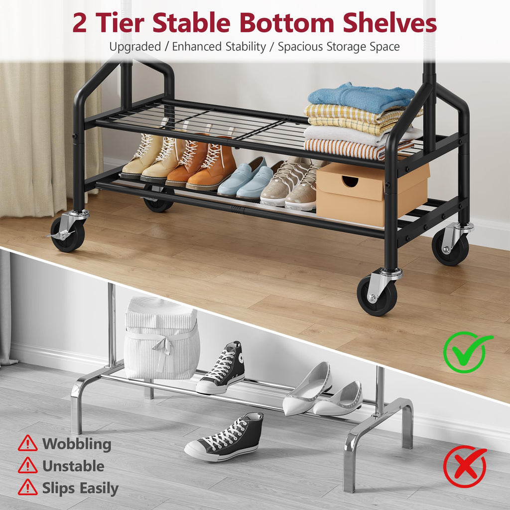 Clothing Rack with 2 Shelves, Heavy Duty Load 350 LBS, Black