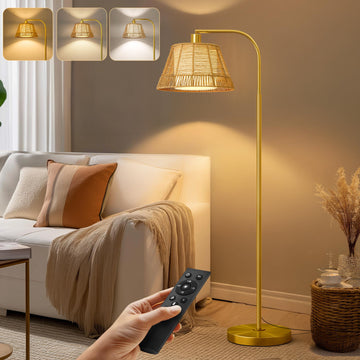 Arc Floor Lamp with 3 Color Temperatures, Farmhouse Floor Lamps with Remote & Dimmable Bulb, Rattan Boho Floor Lamp