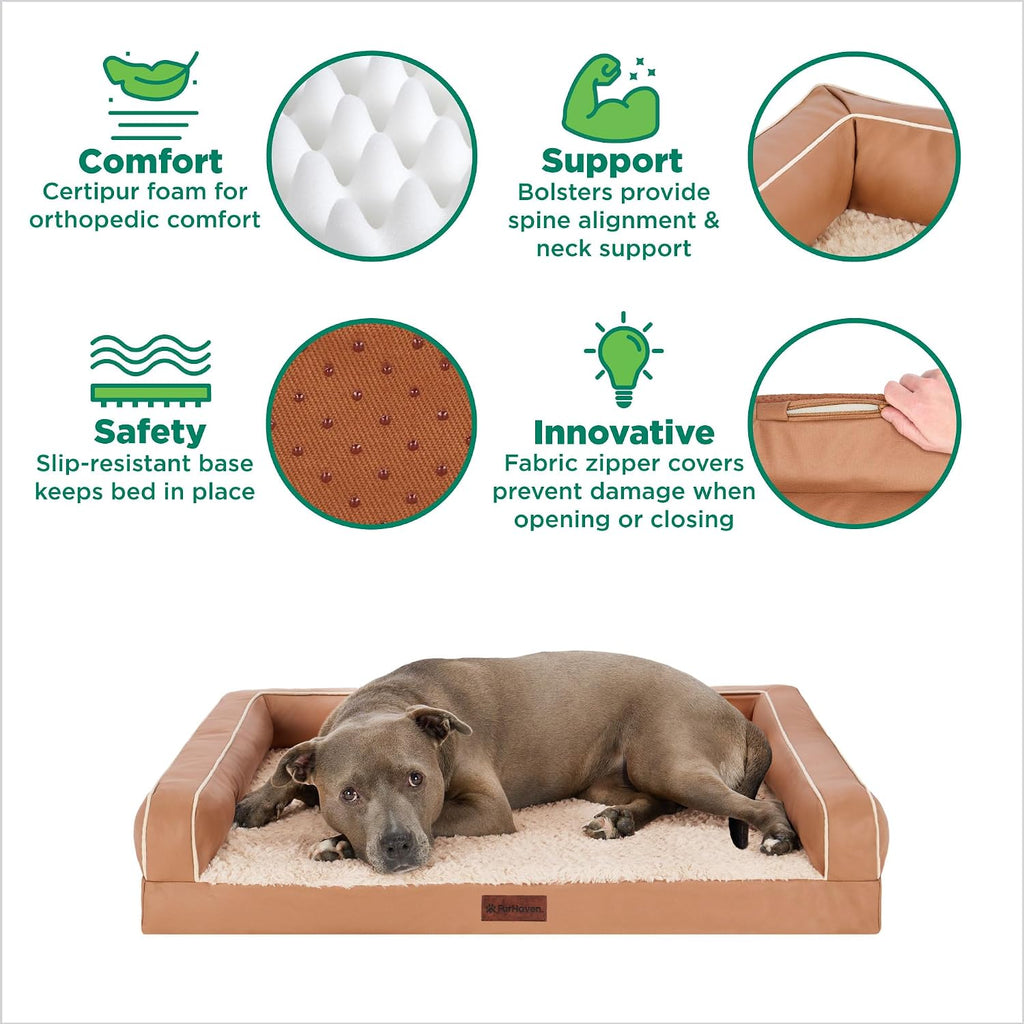 Orthopedic Dog Sofa Bed - Memory Foam Couch with Bolsters, Textured Plush & Water-Resistant Cover, Washable Cover