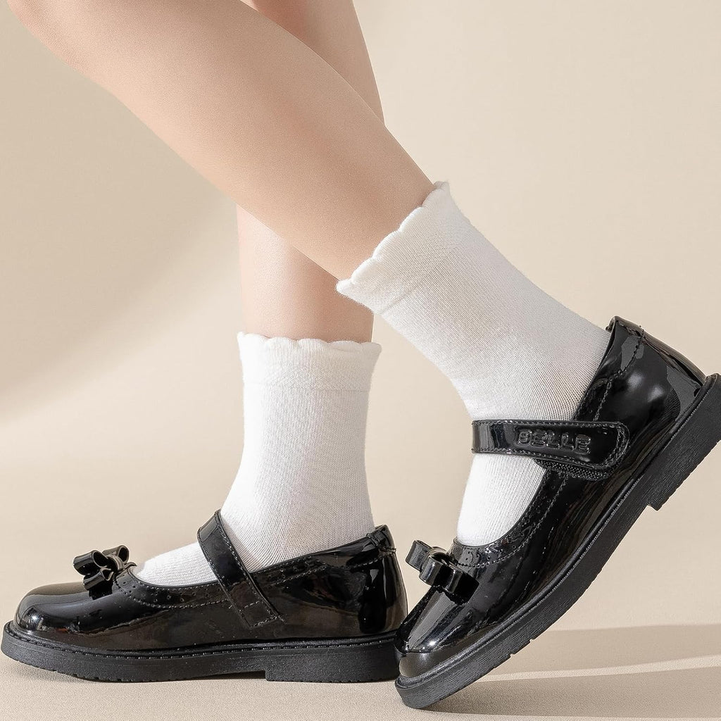 6 Pair Girls White Dressy Textured Short Socks Scallop Top Design