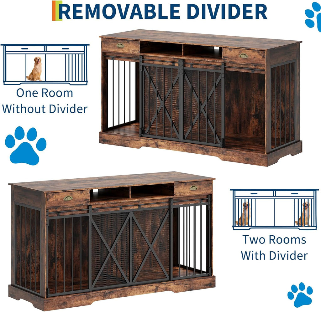 Dog Crate Furniture TV Stand, 63 Inch Double Kennel with Divider & Drawers