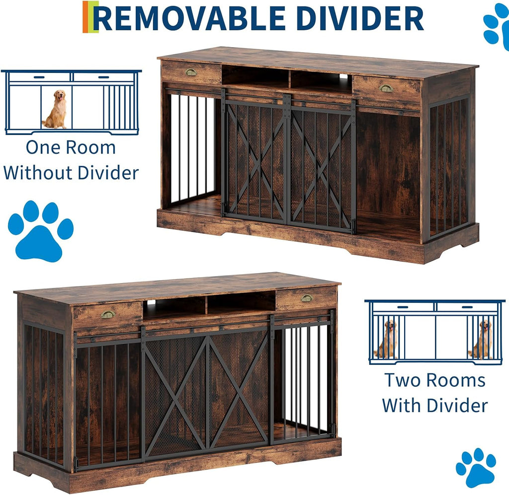 Dog Crate Furniture with Removable Divider, 3-in-1 Wooden Dog Kennel Furniture for 2 Dogs with Sliding Barn Door