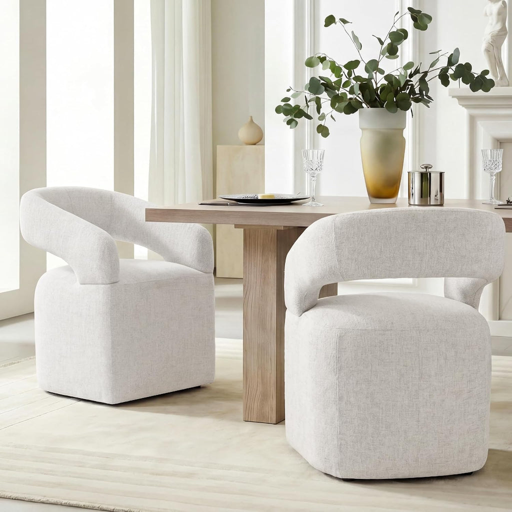 Upholstered Dining Chairs Set of 2, Modern Arm Kitchen & Dining Room Chairs with Hidden Casters, Linen Fabric Padded